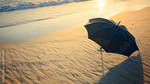 Black Umbrella Stands Alone On Sandy Beach At Sunset