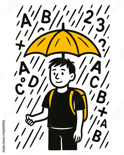 Student Under Umbrella Protected from Rain of Letters and Numbers