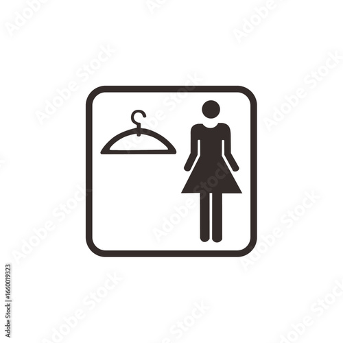 Simple black and white icon depicting a woman and a clothes hanger, likely a changing room or dressing room sign.