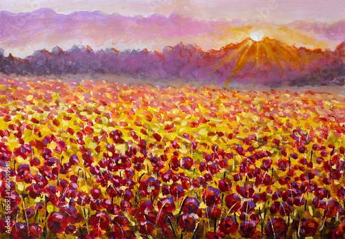 Konstfotografi Poppy field painting at sunset with mountains in background