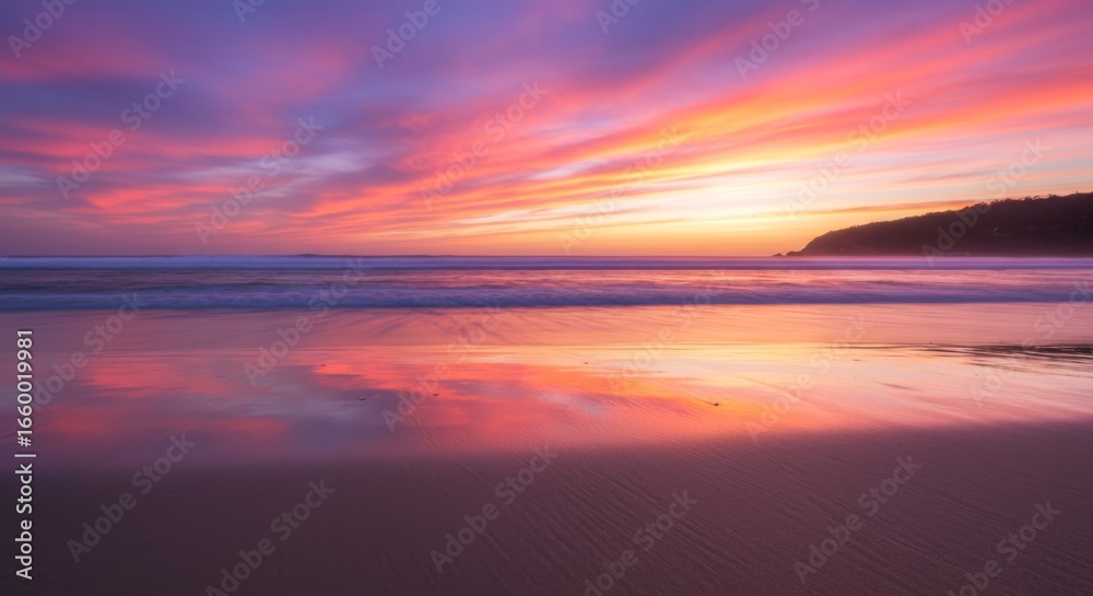 Fototapeta premium Vibrant Pink And Orange Sunset Over Ocean Beach