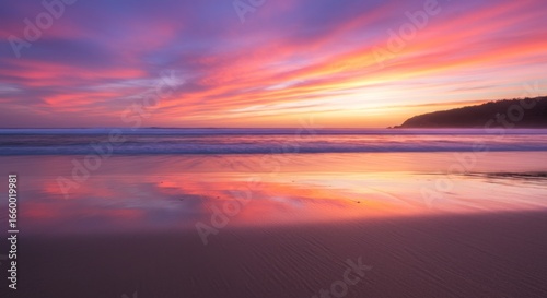 Vibrant Pink And Orange Sunset Over Ocean Beach