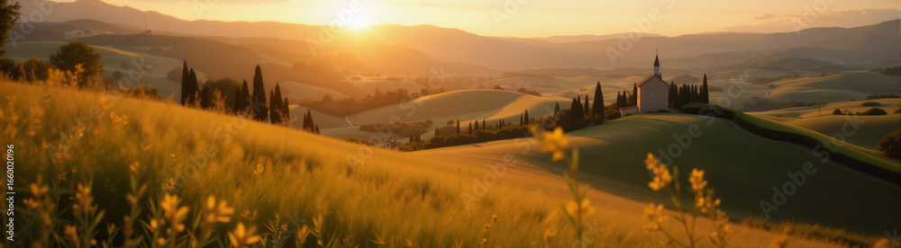 Obraz premium beautiful summer landscape with field and hills in the distance, Old village in Tuscany style from Italy
