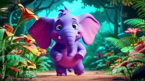3D cartoon elephant dancing joyfully in a colorful jungle scene, playful 8-second loop animation