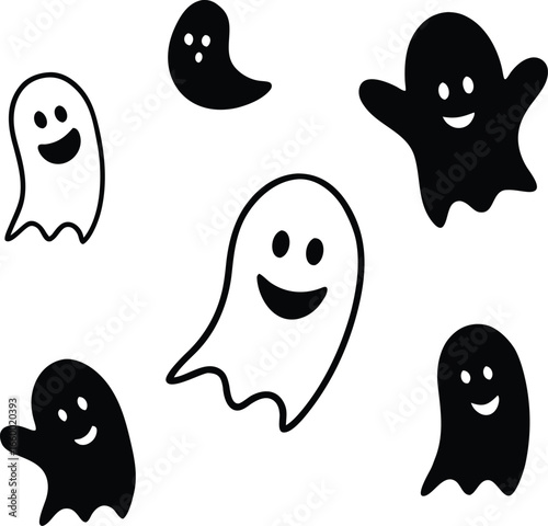 A Spooky Collection of Happy Ghosts in Black and White
