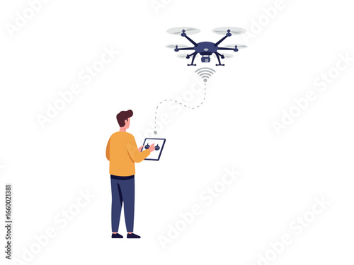 Flat vector illustration man controlling flying drone using tablet device
