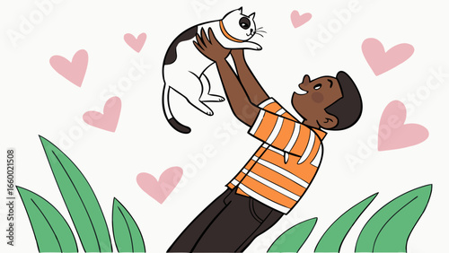 Boy Holding Cat in Air with Love and Joy.
