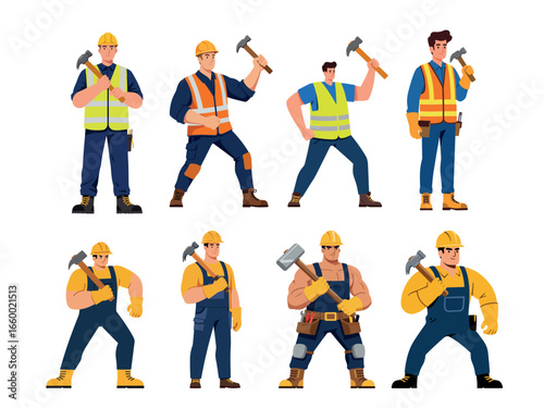 Male construction worker holding hammer in hand for Labor Day flat vector illustration