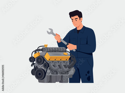 Male mechanic repairing car engine using wrench tool flat vector illustration