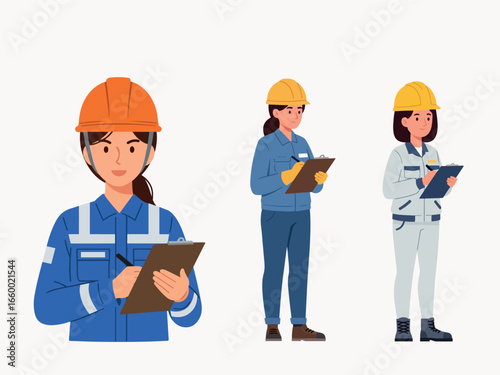 Female factory worker wearing safety helmet with clipboard flat vector illustration