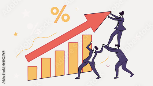 Business Team Collaboratively Raising Growth Arrow and Bar Chart.
