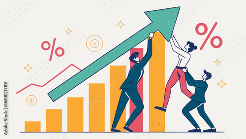 Business Team Collaboratively Raising Growth Arrow on Bar Chart.