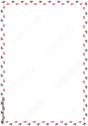Red and black ants form a square border on a white transparent background