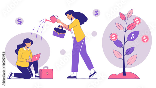 Businesswomen nurturing a money tree symbolizing investment growth.