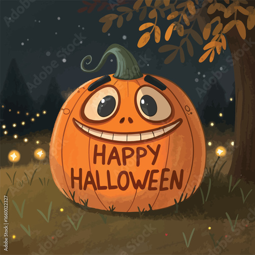 Smiling jack-o’-lantern with bold Happy Halloween lettering