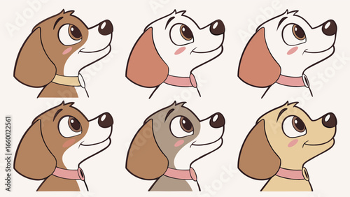 Cartoon Dog Heads with Collars Various Colors Cute Style.