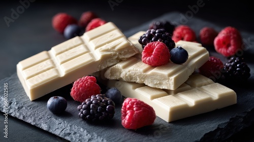 Delicious white chocolate bars are arranged on a slate platter with fresh berries scattered around