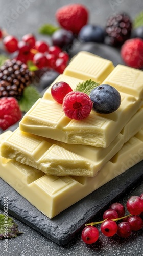 Delicious white chocolate pieces topped with vibrant berries create a tempting dessert display