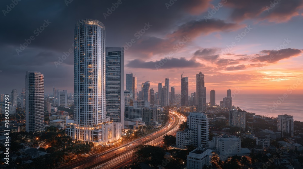 Fototapeta premium Aerial drone cityscape at golden hour modern urban view