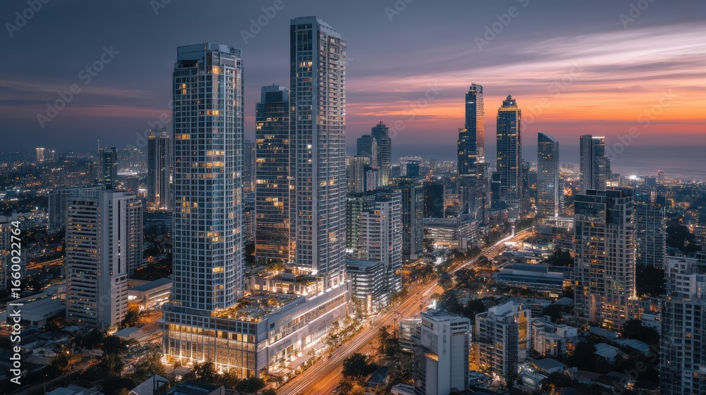 Fototapeta premium Aerial drone cityscape at golden hour modern urban view