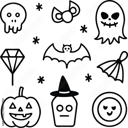 Spooky Halloween Icons: Ghost, Bat, Pumpkin, Skull, Diamond, and Witch