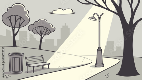 Cartoon Park Scene with Bench Trees and Streetlight.