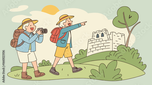 Cartoon Tourists Exploring Ancient Ruins on a Sunny Day.