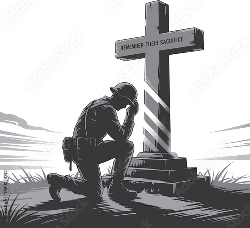 Solemn Remembrance Soldier Kneeling at Grave Marked Remember Their Sacrifice on Memorial Day Honoring Fallen Heroes