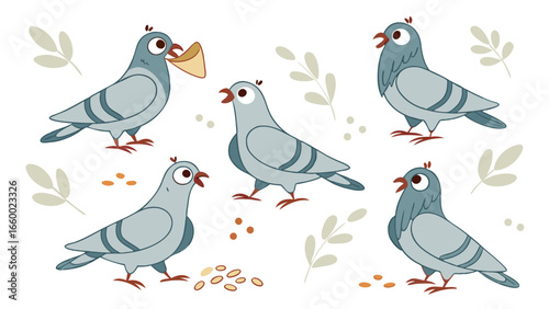 Collection of Five Cute Cartoon Pigeons with Food.