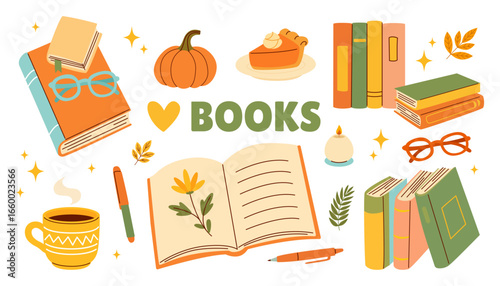 Autumn Reading Illustration with Books, Coffee, Pumpkin, and Cozy Seasonal Elements