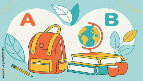 Colorful BacktoSchool Illustration with Backpack Globe and Books.