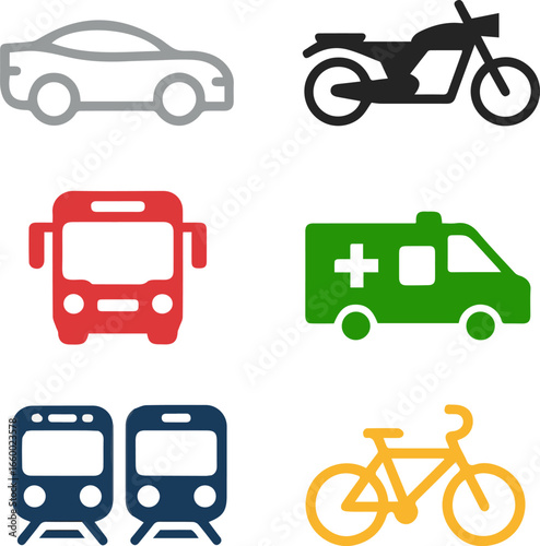 Create a kinds of Transportation line icon set – Includes car, motorcycle, bus, ambulance, train and bicycle. Editable stroke. Colored vector art with white background.