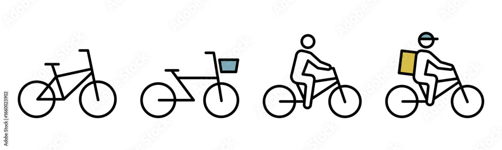 Obraz premium Bicycle line icon set – Includes cycling, food delivery, fitness and sport. Editable stroke. Colored vector illustration.