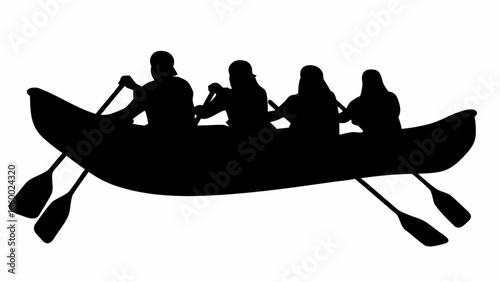 Silhouette of four people rowing a canoe together on the water in a simple black and white image style