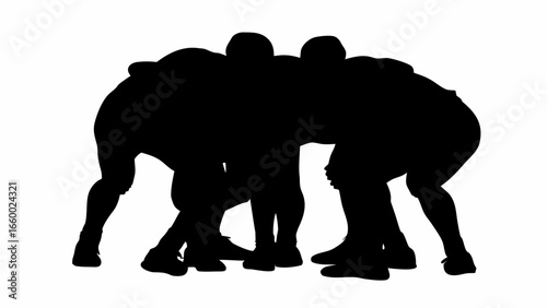 Silhouette of a rugby scrum showing multiple players huddled together in a tight formation on a white background