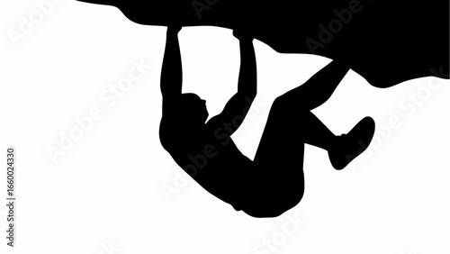 Silhouette of a man hanging from a rock formation showcasing strength and determination in black and white art