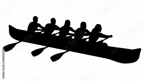 Silhouette of five people rowing a boat with oars in a synchronized manner on a white background scene