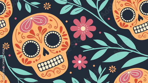 Colorful Sugar Skulls and Floral Elements Pattern for Day of the Dead.