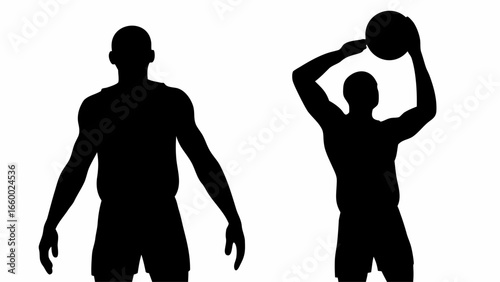 Silhouette illustration of two basketball players one standing and one shooting on a white background scene