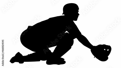 Silhouette of a baseball catcher in a crouching position ready to catch the ball with his mitt open wide