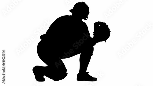 Silhouette of a baseball catcher in a crouched position wearing a helmet and holding a mitt ready to catch