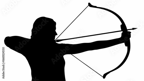 Silhouette of an archer aiming an arrow with a bow drawn back ready to shoot in a black and white scene