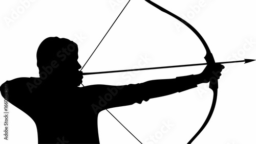 Silhouette of archer drawing back bow with arrow ready to shoot in a black and white illustration style