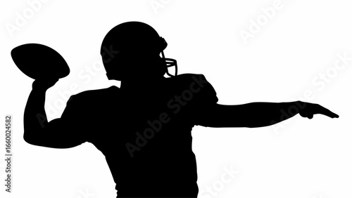 Silhouette of a football player in throwing motion with helmet and shoulder pads against white background