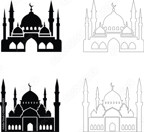 Silhouette of a mosque with large central dome and tall minarets, flat black vector design