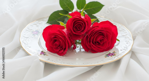 A simple yet elegant image featuring three vibrant red roses and their green leaves, beautifully arranged on a vintage white porcelain plate with a delicate floral design