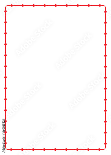 Vivid red square boundary consists of arrows pointing directionally around the frame against white