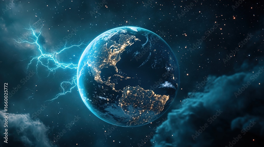 Fototapeta premium Earth Under Cosmic Starry Sky, Lightning and Nebula Interweaving, Sci - Fi Space Scene