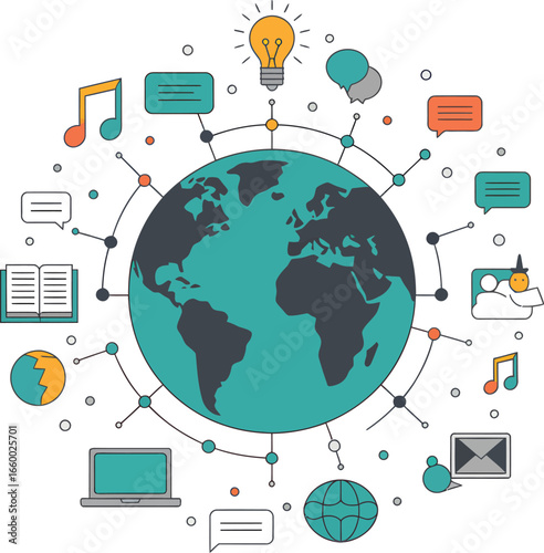 Global connectivity concept with Earth and diverse icons for communication, learning, and technology in modern vector style