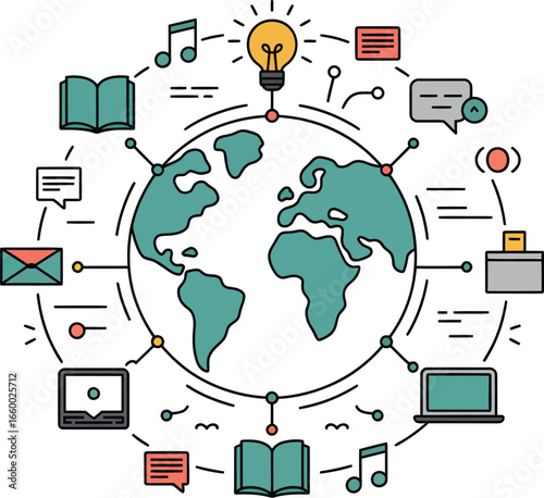 Global communication and technology concept with Earth and connected icons for media, learning, and digital exchange